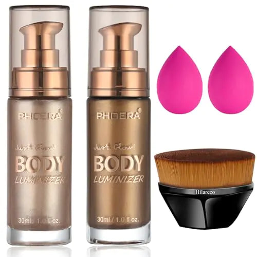 PHOERA Body Shimmer Oil Body Bronzer Shimmer OilBody Glow Oil Shimmer Highlighter Luminizer Illuminator with Body Makup BurshSelf Tanning Lotion1oz/Jars (101+103/ Rose Gold+Glistening Bronze)